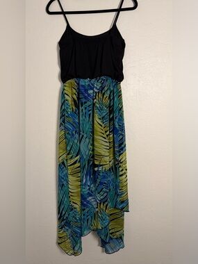 Enfocus Studio Women’s Sz 6 Maxi Dress Black & Tropical Leaf Print Hi-Lo Hem